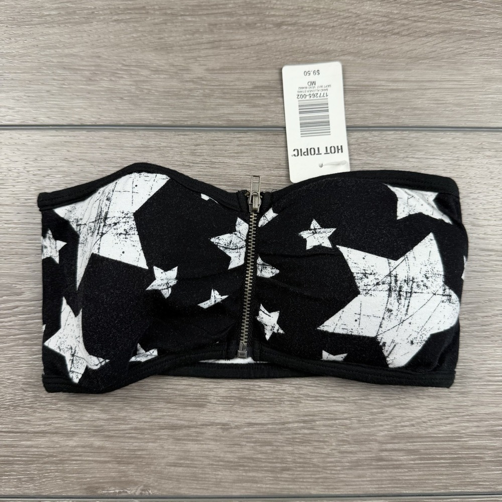 Hot Topic Women's Strapless Center Zip Star Pattern Bandeau Top Black Medium New